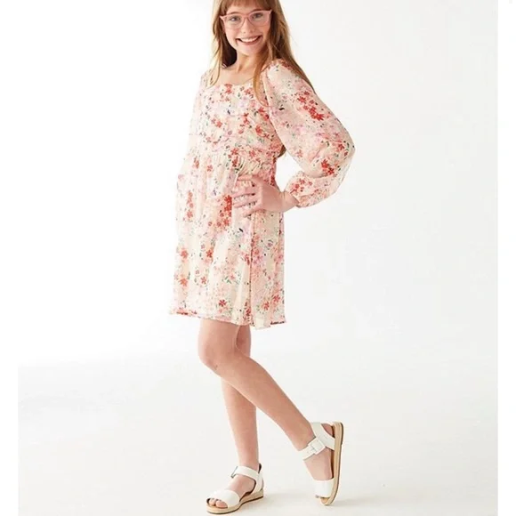 Poppies and Roses Long-Sleeve Ruched Bodice Floral Printed Knit Shift Dress - Picture 2 of 15